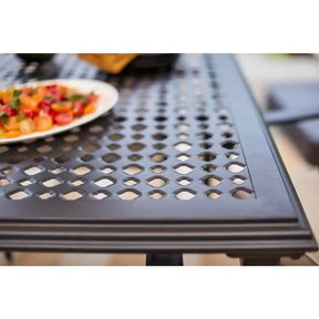 Laurel Oaks 7-Piece Black Steel Outdoor Patio Dining Set with Cushionguard Putty Tan Cushions