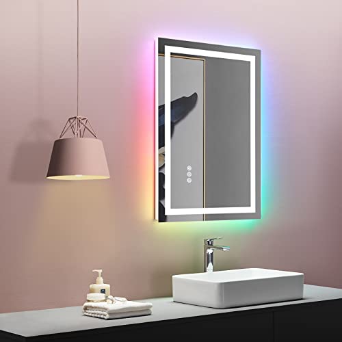 LOAAO 20″X28″ LED Bathroom Mirror with Lights, Anti-Fog, Dimmable, RGB Backlit + Front Lighted, Bathroom Vanity Mirror for Wall, Memory Function, Waterproof, Tempered Glass