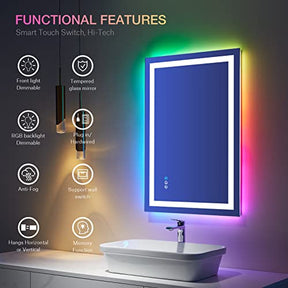 LOAAO 20″X28″ LED Bathroom Mirror with Lights, Anti-Fog, Dimmable, RGB Backlit + Front Lighted, Bathroom Vanity Mirror for Wall, Memory Function, Waterproof, Tempered Glass