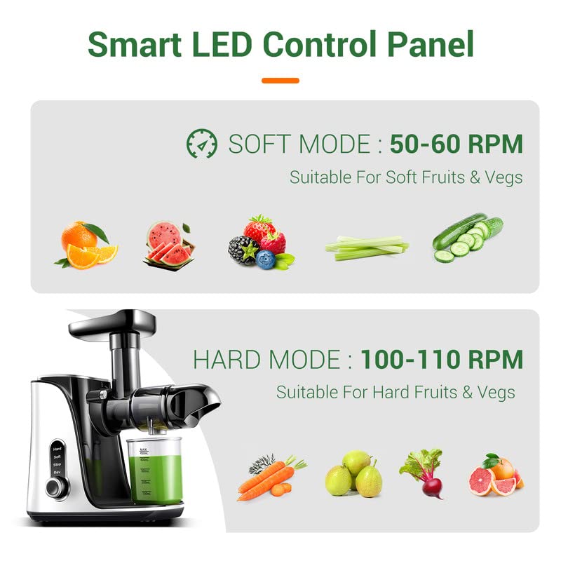 Juicer Machines,AMZCHEF Slow Masticating Juicer Extractor, Cold Press Juicer with Two Speed Modes, Travel bottle(500ML),LED display, Easy to Clean Brush &amp; Quiet Motor for Vegetables&amp;Fruits,Pear White