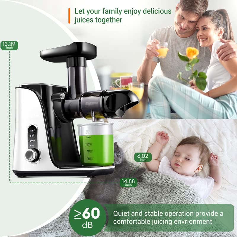 Juicer Machines,AMZCHEF Slow Masticating Juicer Extractor, Cold Press Juicer with Two Speed Modes, Travel bottle(500ML),LED display, Easy to Clean Brush &amp; Quiet Motor for Vegetables&amp;Fruits,Pear White