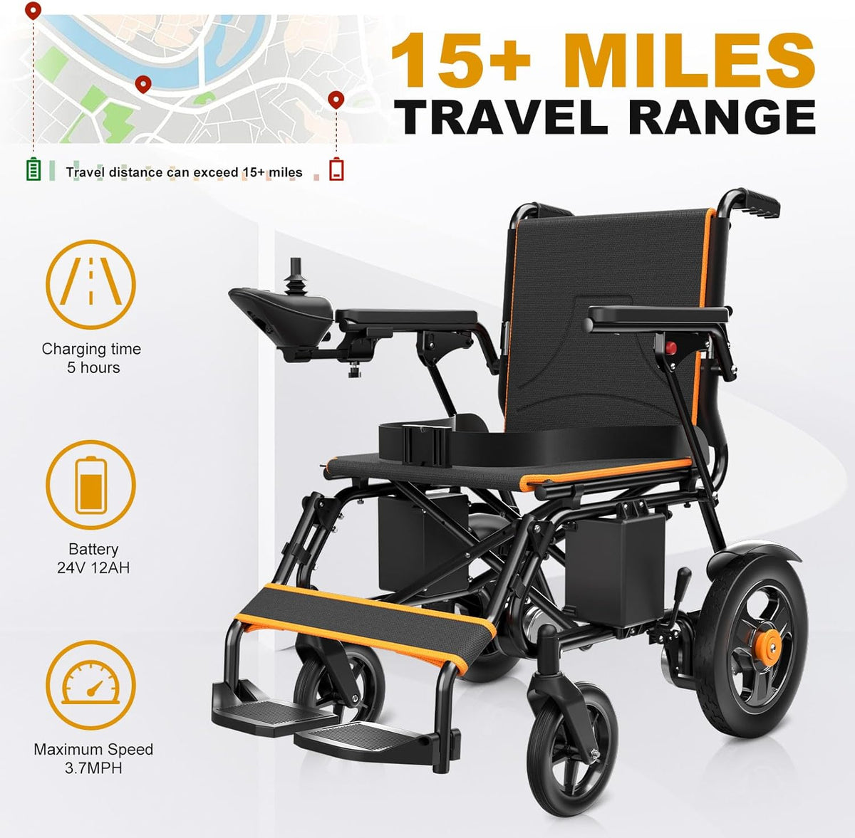 Foldable Lightweight Electric Wheelchair for Adults, Dual 500W Motors, 15 Mile Range, All Terrain, Supports 350 lbs
