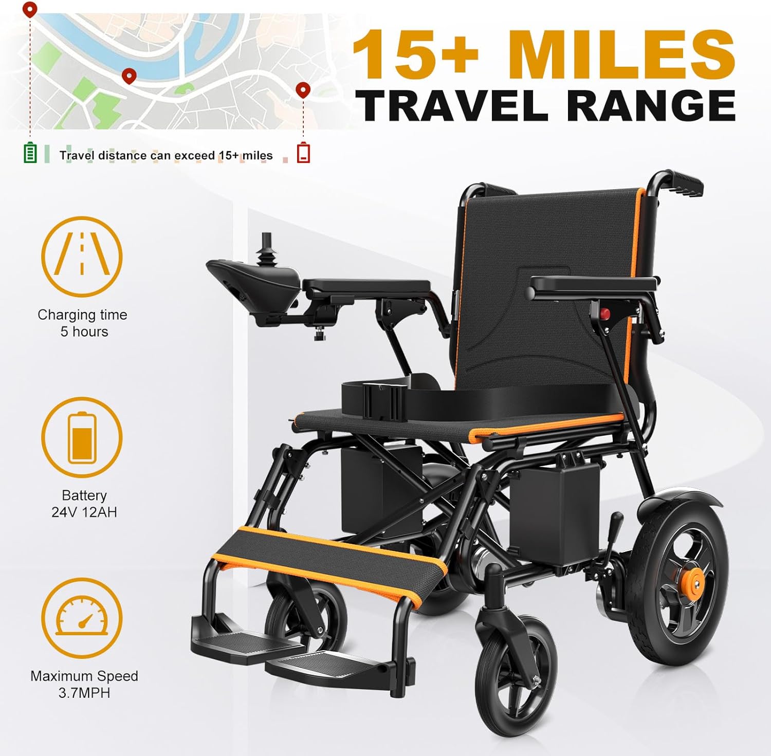 Foldable Lightweight Electric Wheelchair for Adults, Dual 500W Motors, 15 Mile Range, All Terrain, Supports 350 lbs