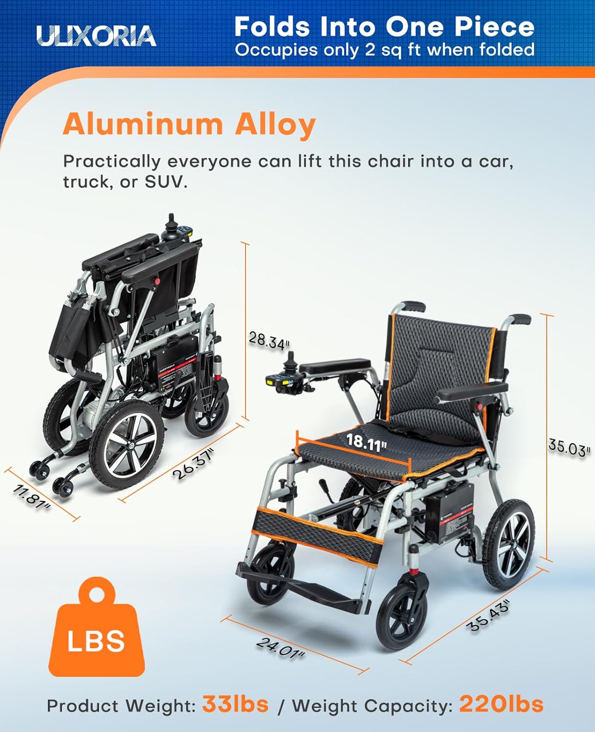 33lb Lightweight Folding Electric Wheelchair – Dual Motors, Removable Battery, SOS Alert & One-Click Mute