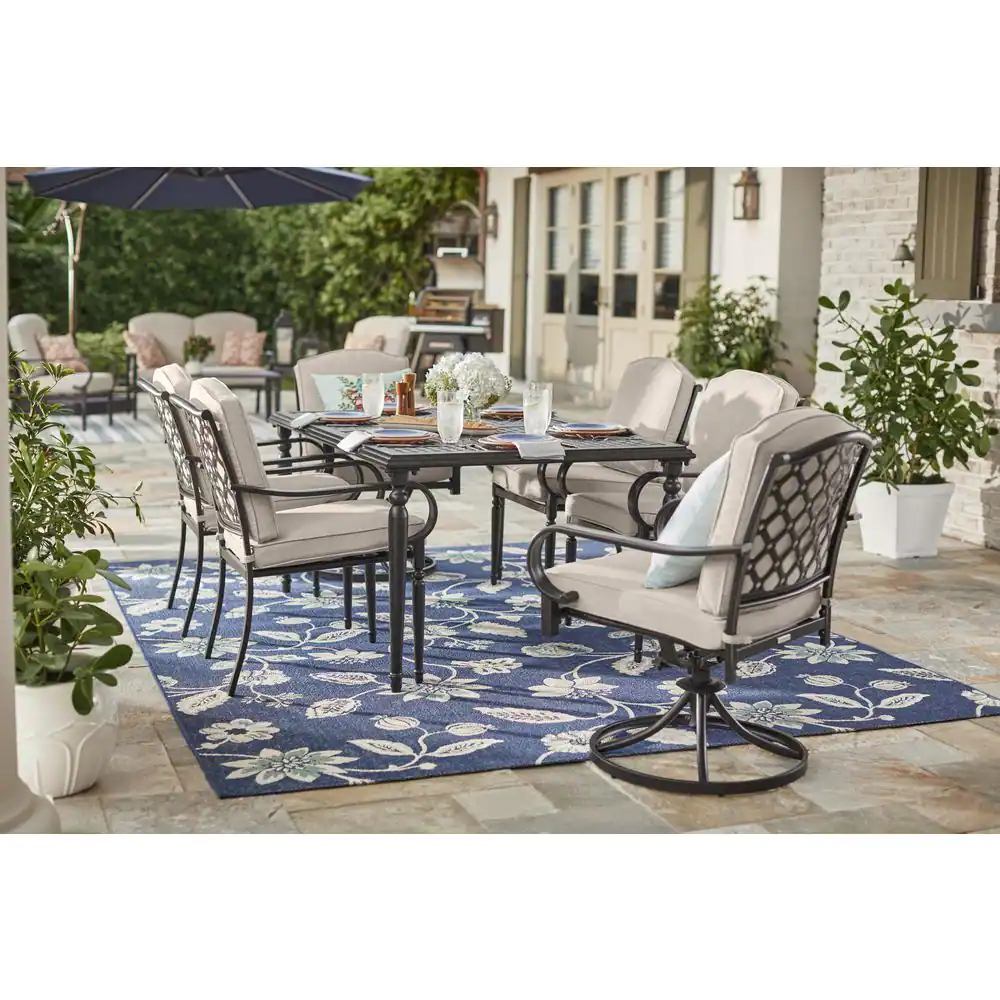Laurel Oaks 7-Piece Black Steel Outdoor Patio Dining Set with Cushionguard Putty Tan Cushions