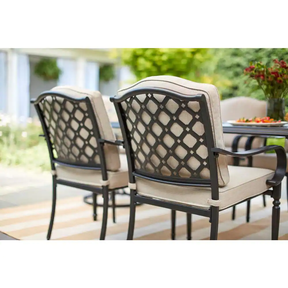 Laurel Oaks 7-Piece Black Steel Outdoor Patio Dining Set with Cushionguard Putty Tan Cushions