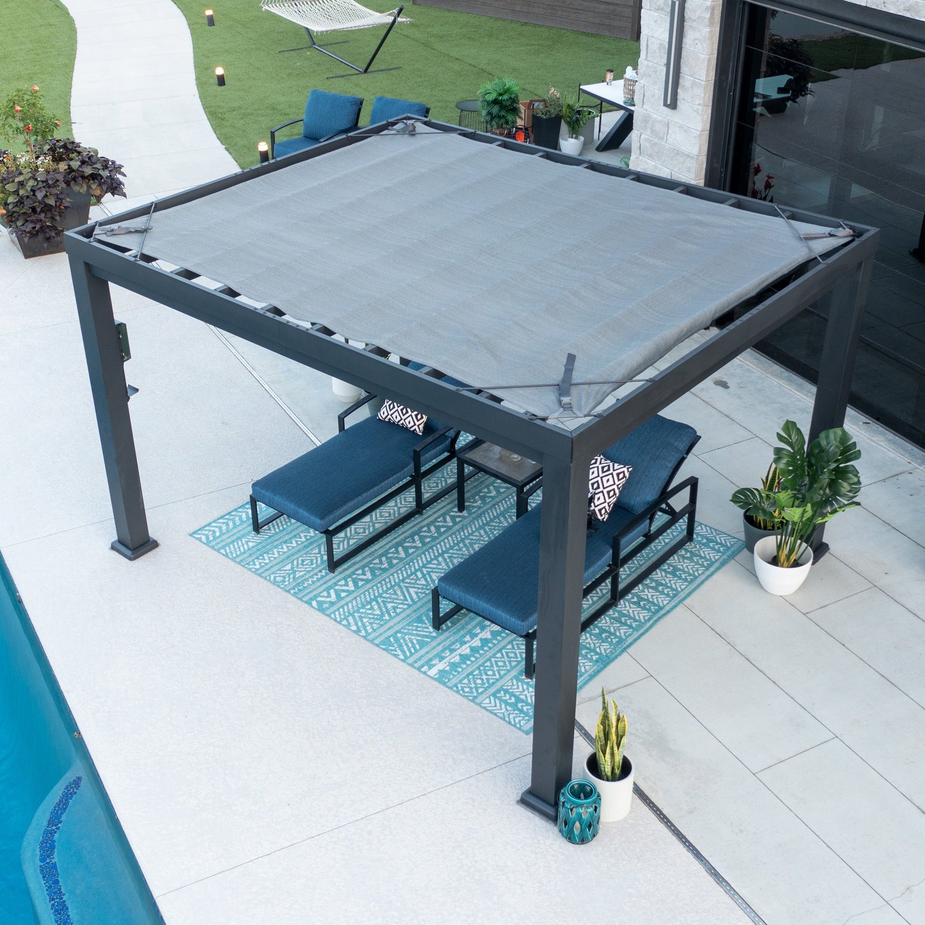 12x10 Trenton Modern Steel Pergola With Sail Shade Soft Canopy