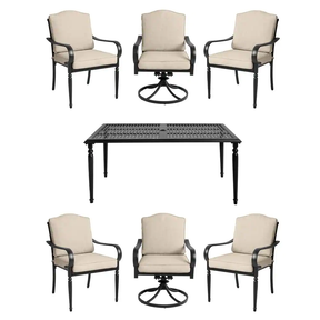 Laurel Oaks 7-Piece Black Steel Outdoor Patio Dining Set with Cushionguard Putty Tan Cushions