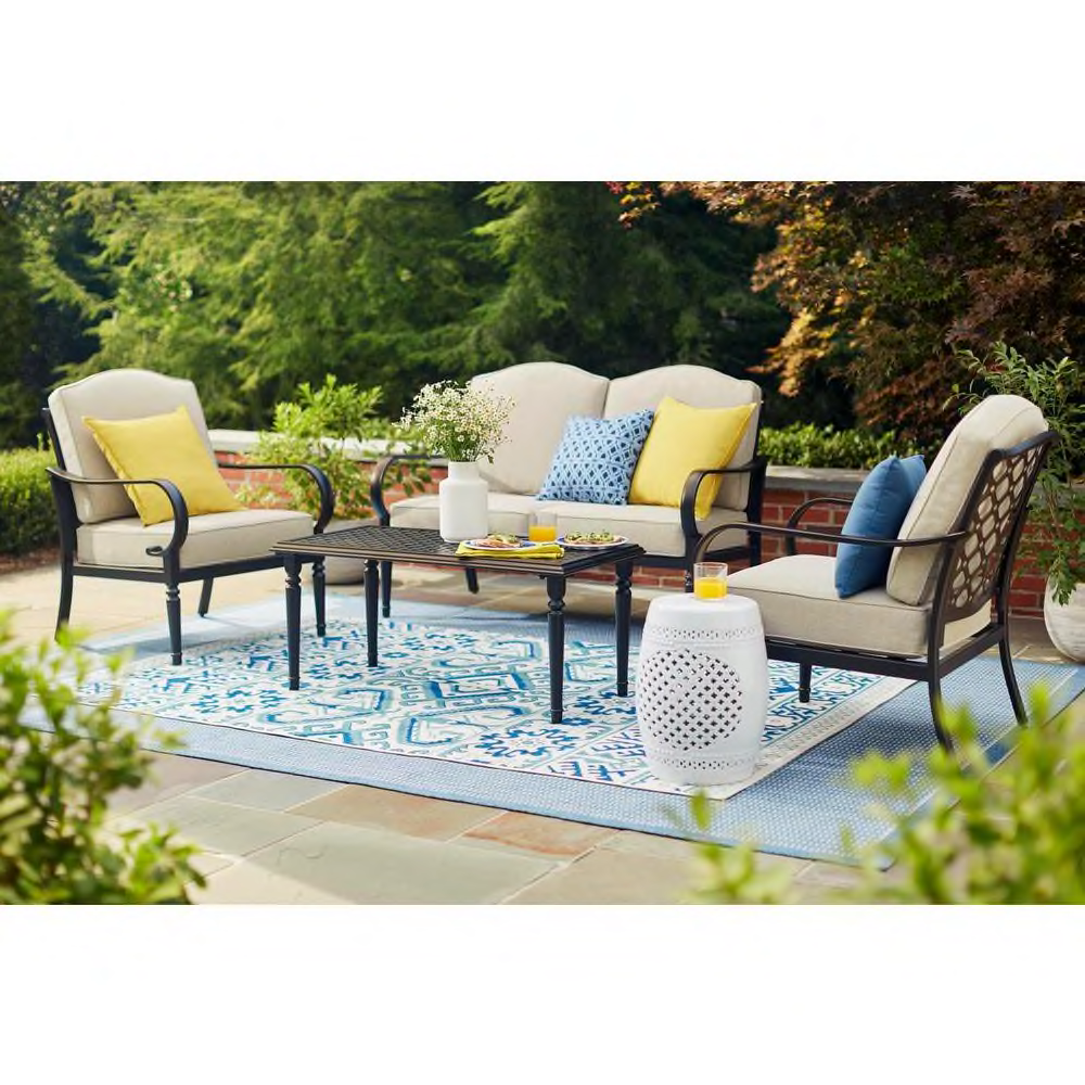 Laurel Oaks Black 4-Piece Steel Outdoor Patio Conversation Seating Set with Cushionguard Putty Beige Cushions