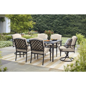 Laurel Oaks 7-Piece Black Steel Outdoor Patio Dining Set with Cushionguard Putty Tan Cushions