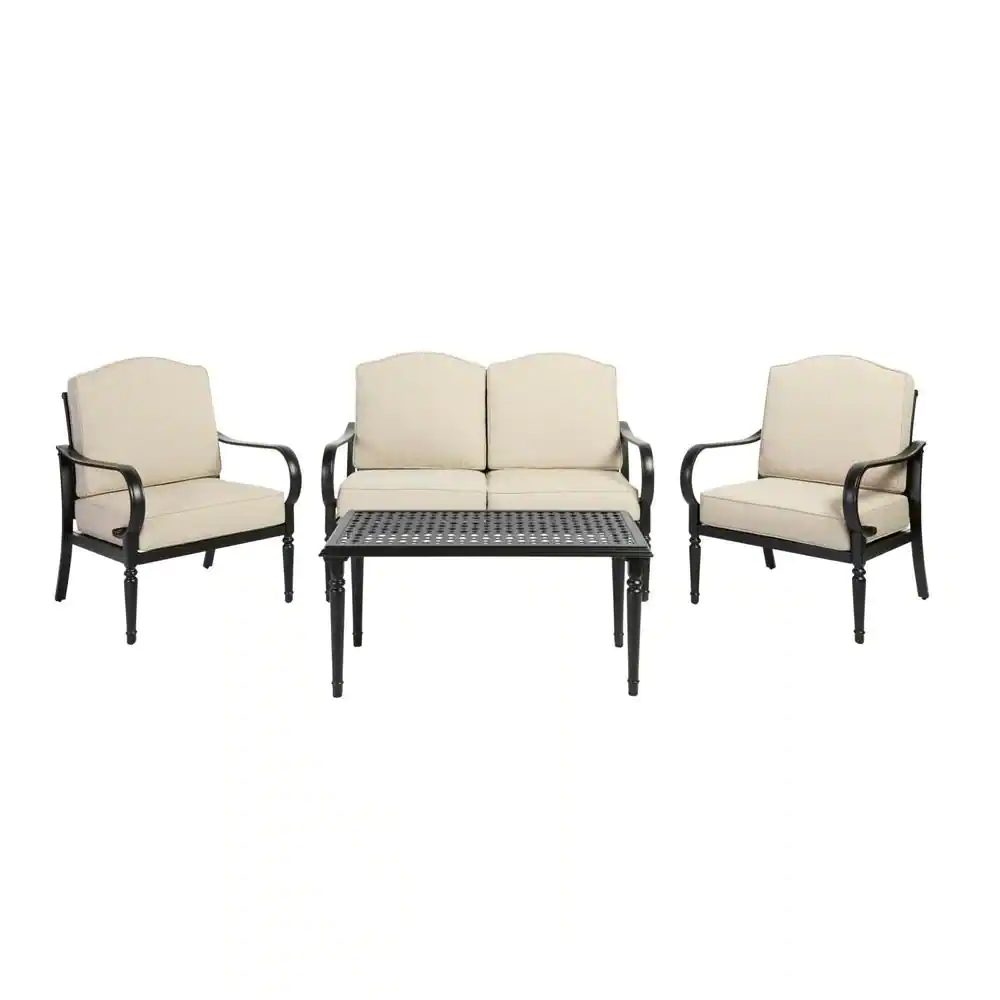Laurel Oaks Black 4-Piece Steel Outdoor Patio Conversation Seating Set with Cushionguard Putty Beige Cushions